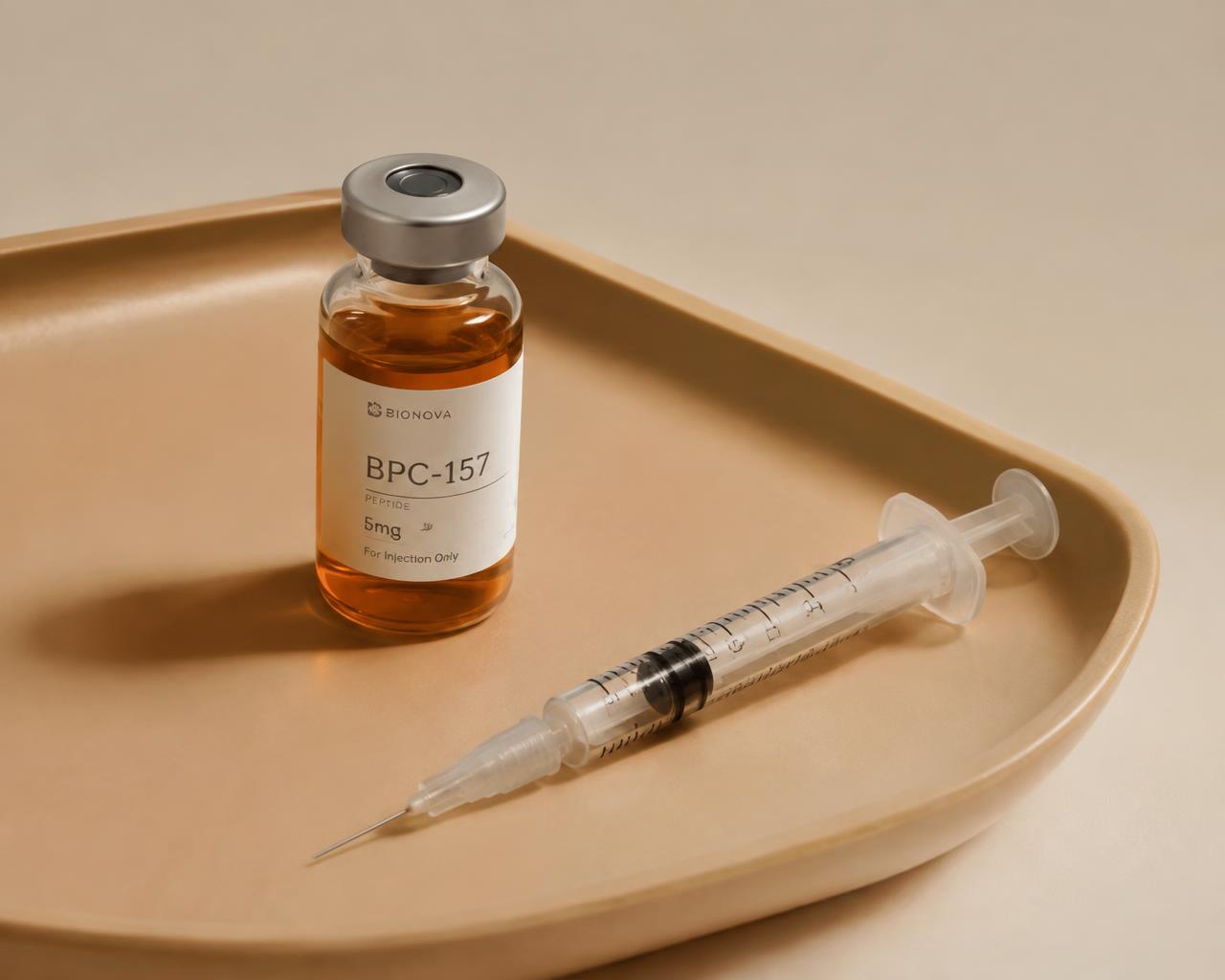 Peptide vial and syringe on a warm clinical tray